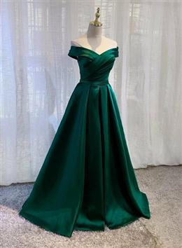 Picture of Charming Dark Green Satin Long Junior Prom Dresses, Off Shoulder Evening Gown